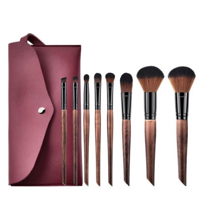 Photo of 8 Piece Professional Solid Wood Handle Makeup Brush kit with Leather Pouch