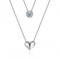 925 Sterling Silver Necklace Double Layer Chain Zircon Heart Pendant Choker