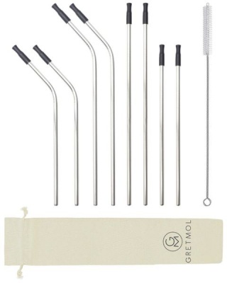 Reusable Silver Metal Straws Combo With Silicone Tips 8 Pack