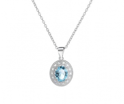 925 Sterling Silver Cubic Zirconia Round Women Pendant Necklace Blue