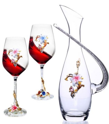 3 Piece Wine Glass Set With Rhinestone Filled Stems AND Royal Enamel Decor