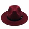 Wide Brim Panama Fedora Hat with Belt Buckle for Men and Women-Maroon Photo