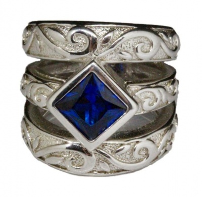 Photo of Sapphire Very Broad Solid Sterling Silver Ring. Lab-Created