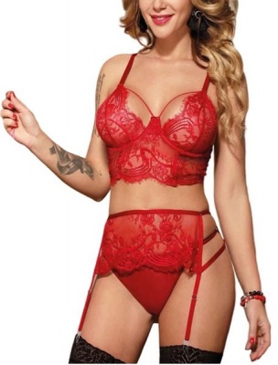 Photo of 3 Piece Red Lace Underwire Bust Bra And Garter Panty Lingerie Set