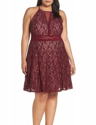 Photo of Morgan Sheer Inset Lace Fit & Flare Dress - Wine
