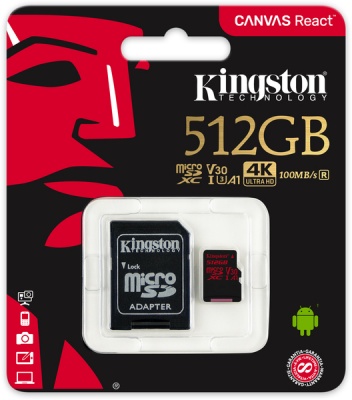 Photo of Kingston Technology Kingston Digital SDCR/512GB Canvas React 512GB microSDXC Class 10 microSD Memory Card UHS-I 100MB/s