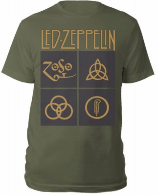 Photo of Led Zeppelin - Gold Symbols In Black Square Mens Green T-Shirt