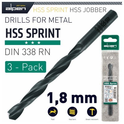 Photo of ALPEN HSS Sprint Drill Bit 1.8mm 3/Pack