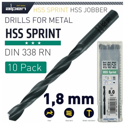 Photo of ALPEN HSS Sprint Drill Bit 1.8mm Bulk Ind.Pack